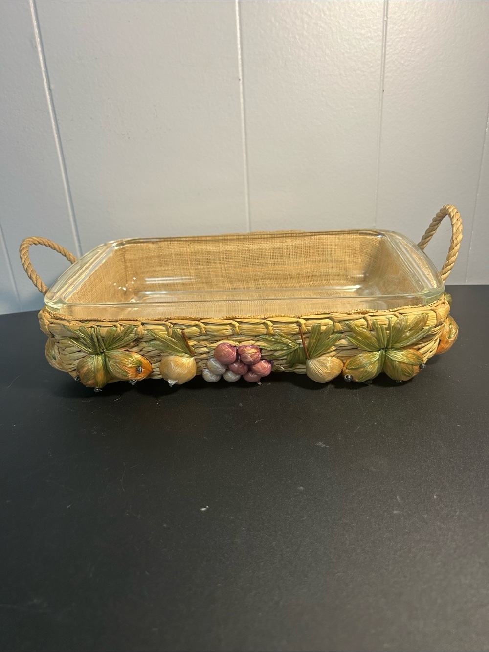Vintage Pyrex casserole dish 3D fruit motif woven raffia basket